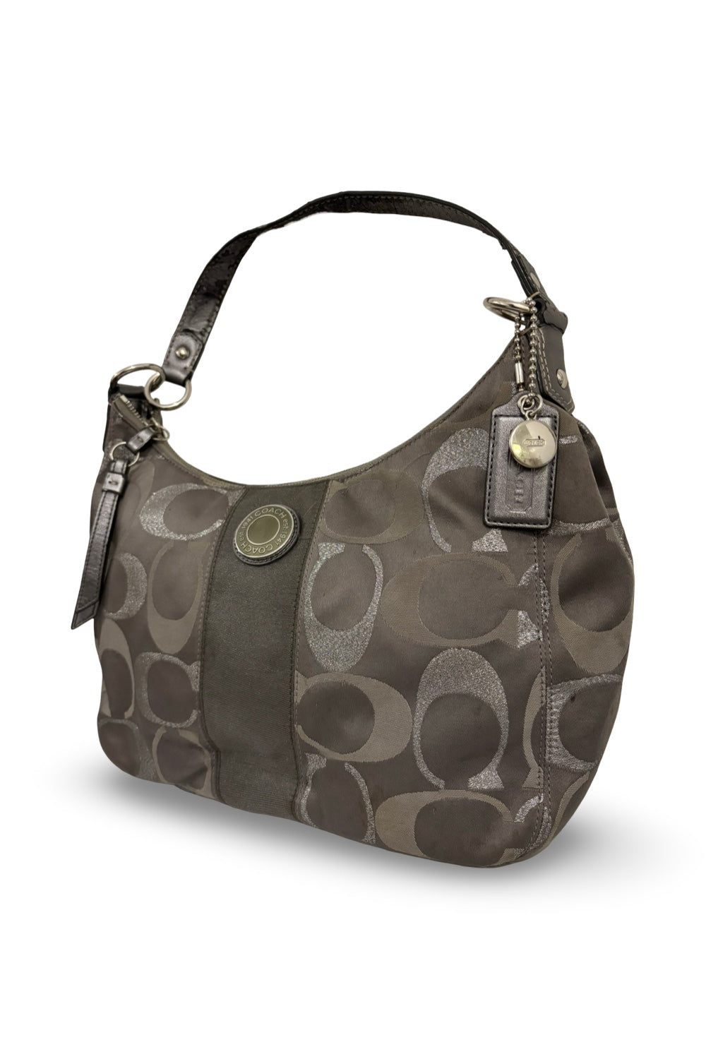 Coach Grey / Silver Sparkle Signature Canvas Satin & Metallic Leather Shoulder Bag