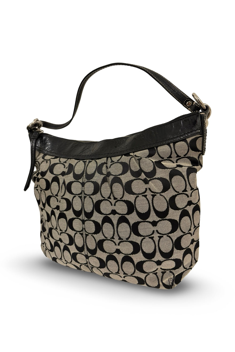 Coach Vintage Black & Grey Signature Canvas & Patent Leather Hobo Shoulder Bag