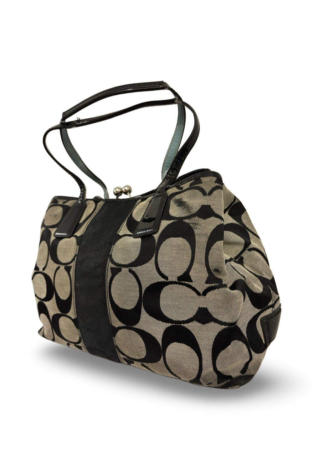 Coach Black & Grey Signature Kiss lock Canvas & Patent Leather Shoulder Bag