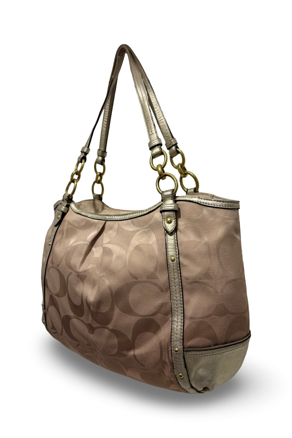 Coach Signature Alexandra Brown Beige Metallic Gold Canvas Leather Shoulder Bag