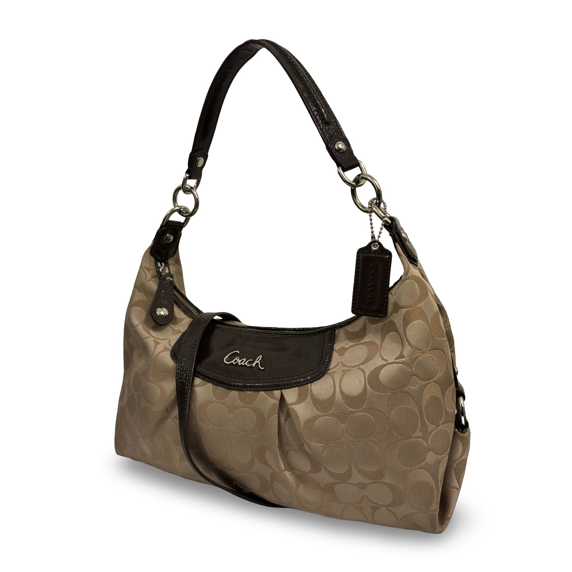 Coach 'Ashley' Signature Brown Khaki Satin Canvas & Patent Leather Hobo Vintage Shoulder Bag
