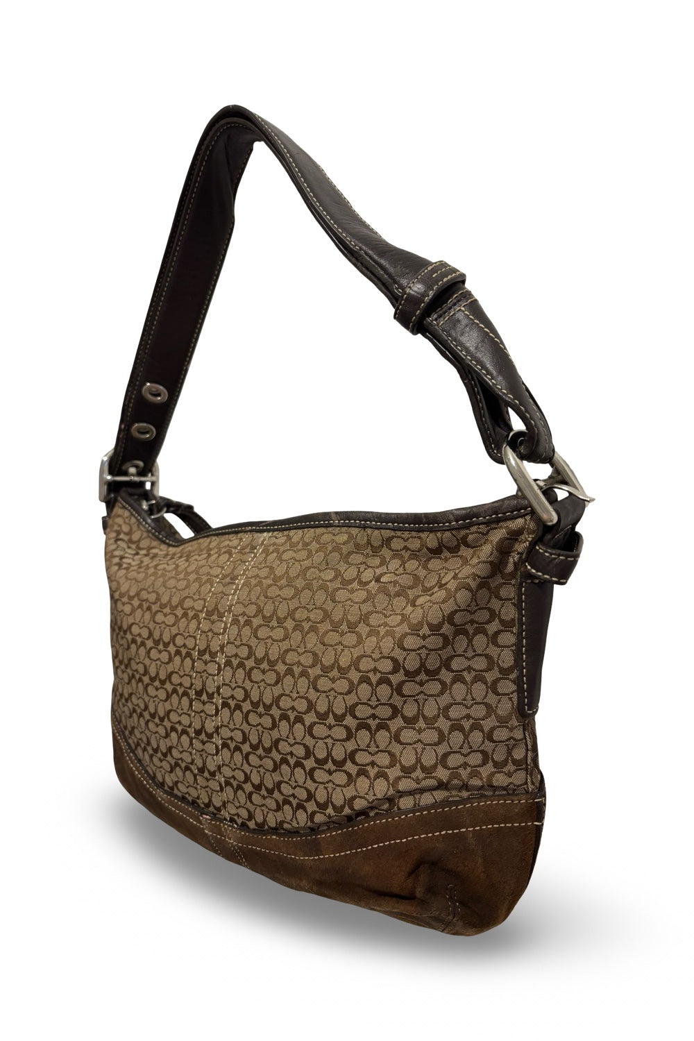 Coach Signature Brown Sufflette Canvas Suede & Leather Vintage Hobo Shoulder Bag