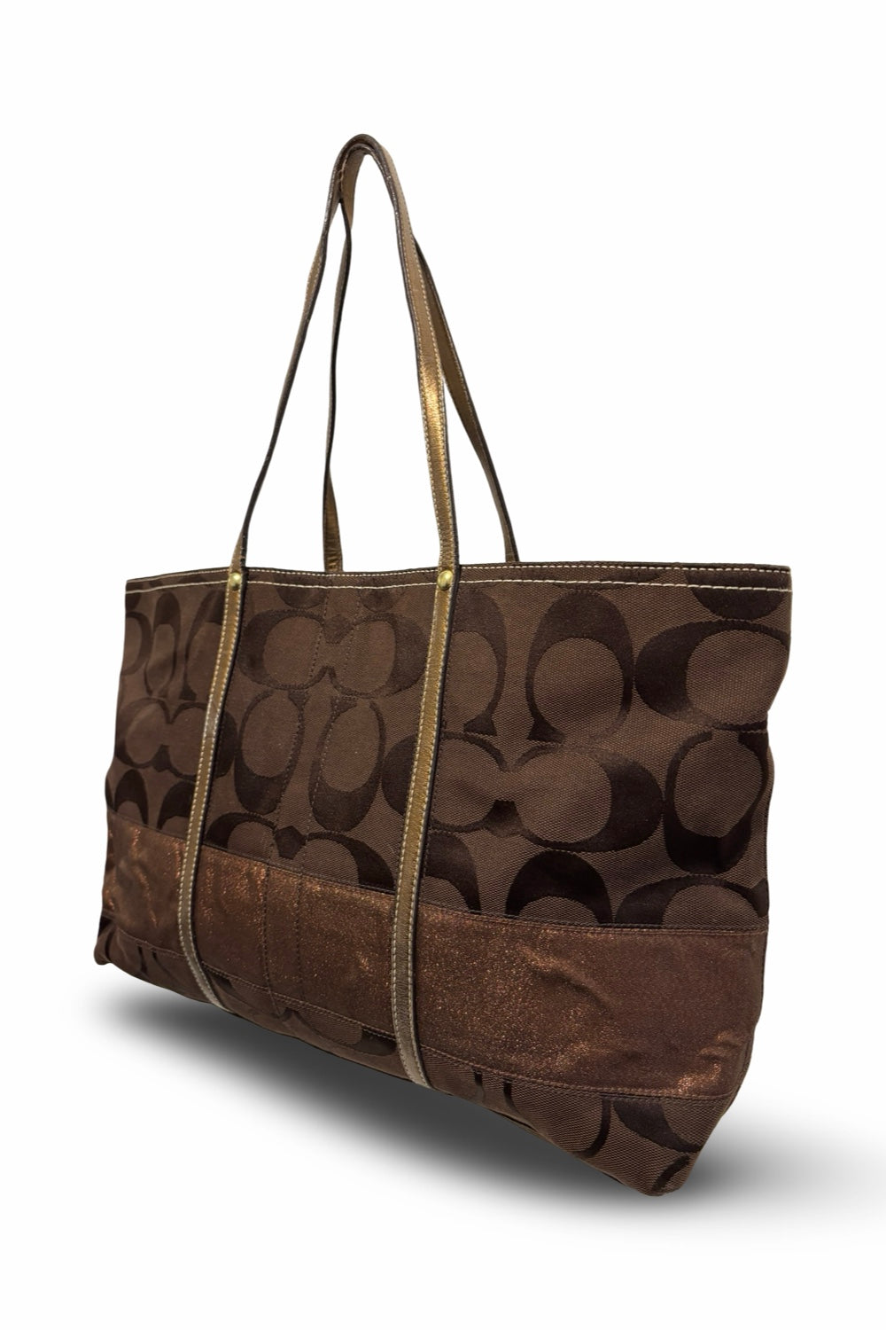 Coach Brown Signature Stripe Canvas & Leather  Metallic Tote Shoulder Bag