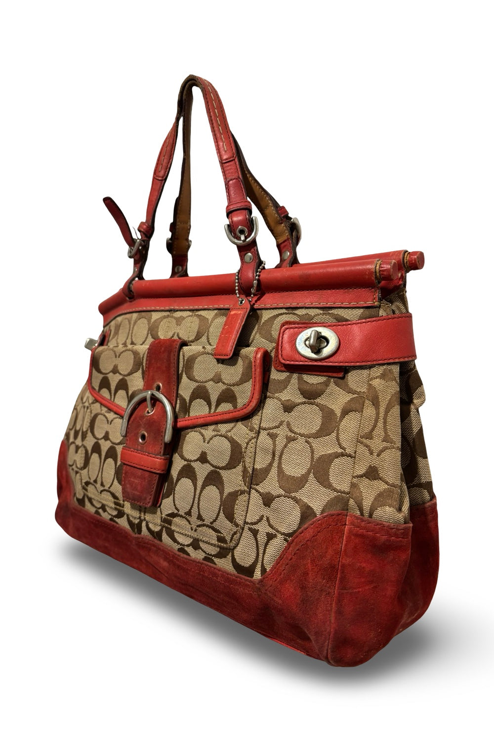 Coach Vintage 2000’s Hampton Brown & Red Signature Canvas Suede & Leather Shoulder Bag
