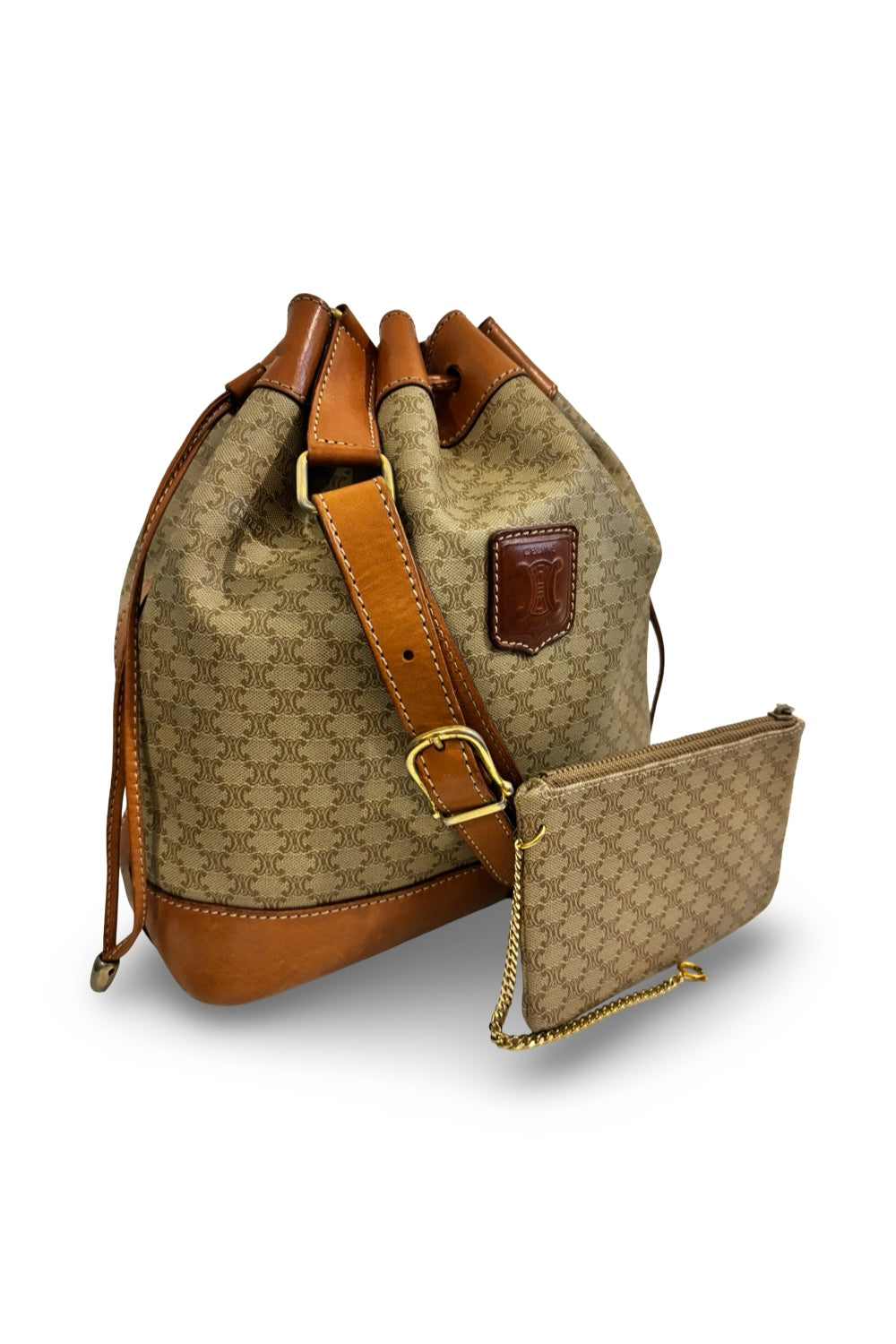 Celine Macadam Canvas & Leather Brown Tan  Bucket Shoulder Bag & Pouch