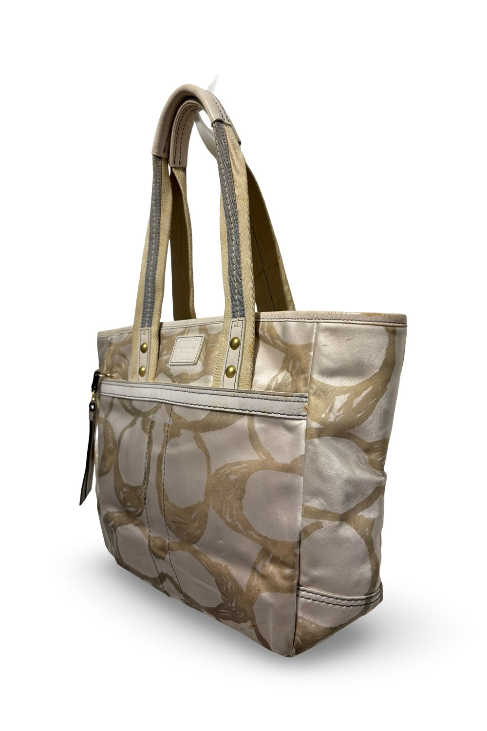 Coach Ivory / White & Beige Sateen & Leather  Signature Vintage Tote Shoulder Bag