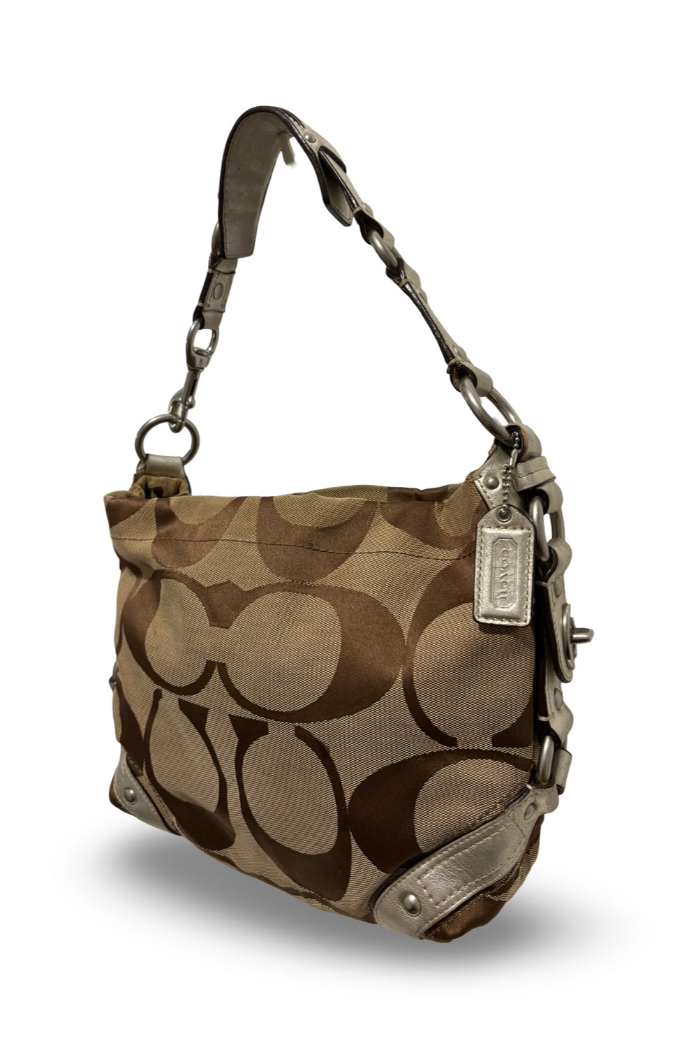 Coach Brown & Silver Metallic Canvas / Leather Carly Vintage Shoulder Bag