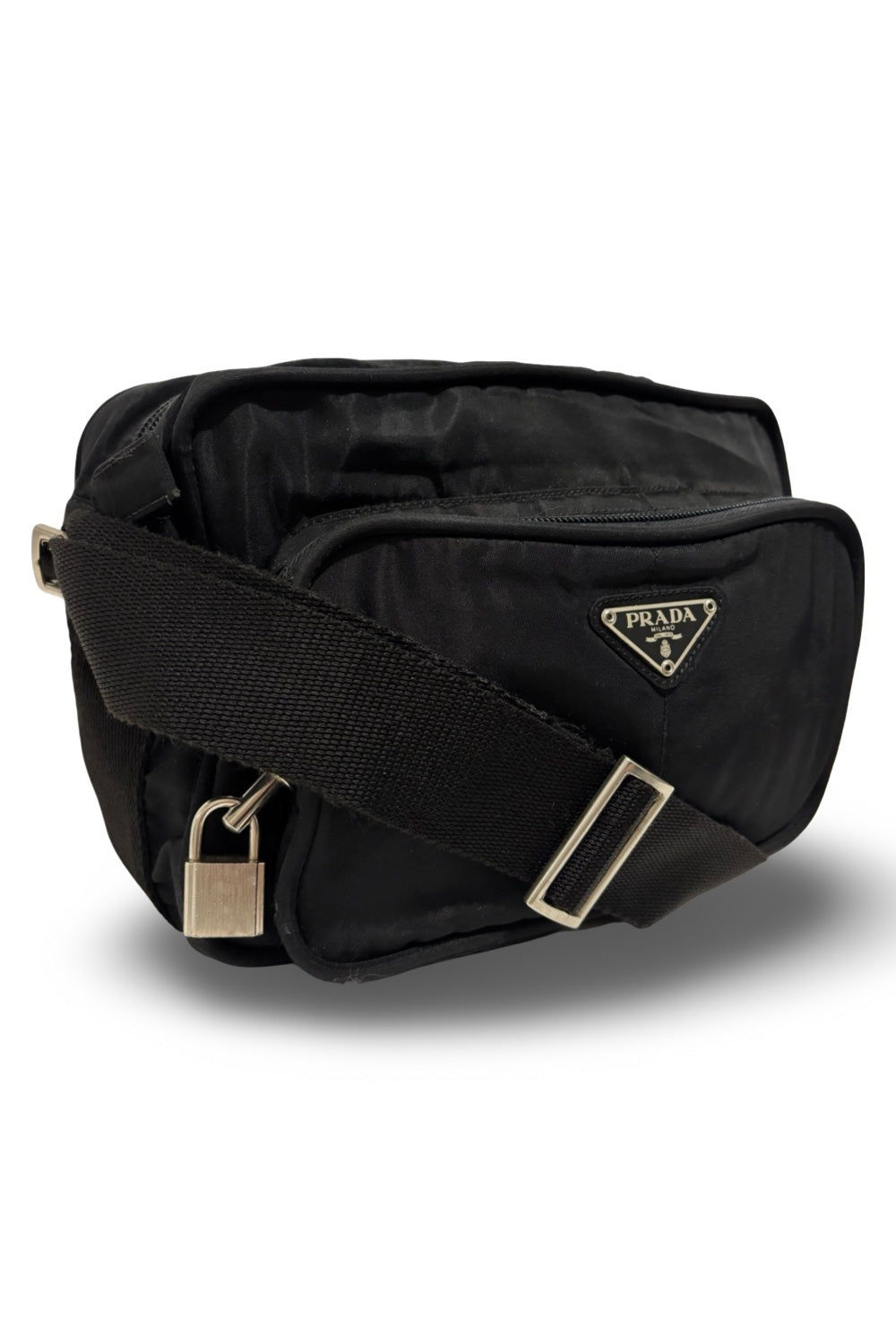Prada Black Nylon Tessuto Vintage Silver Hardware  Padlock Crossbody / Shoulder Bag