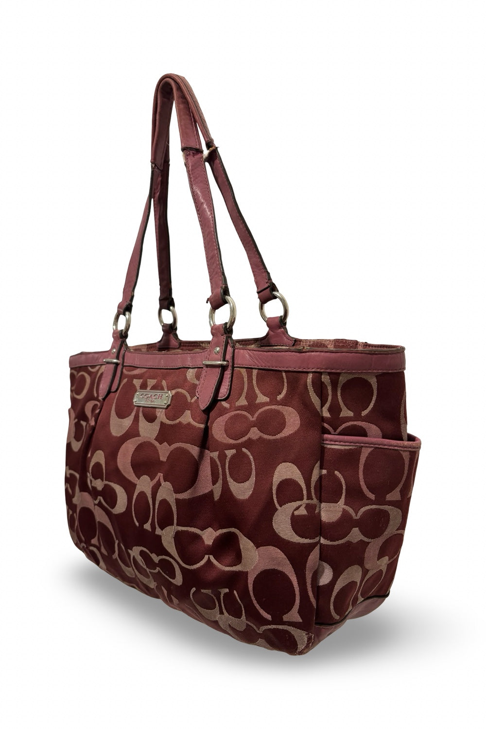 Coach Rare Pink / Burgundy Gallery Tote Signature  Canvas & Leather Vintage Shoulder Bag