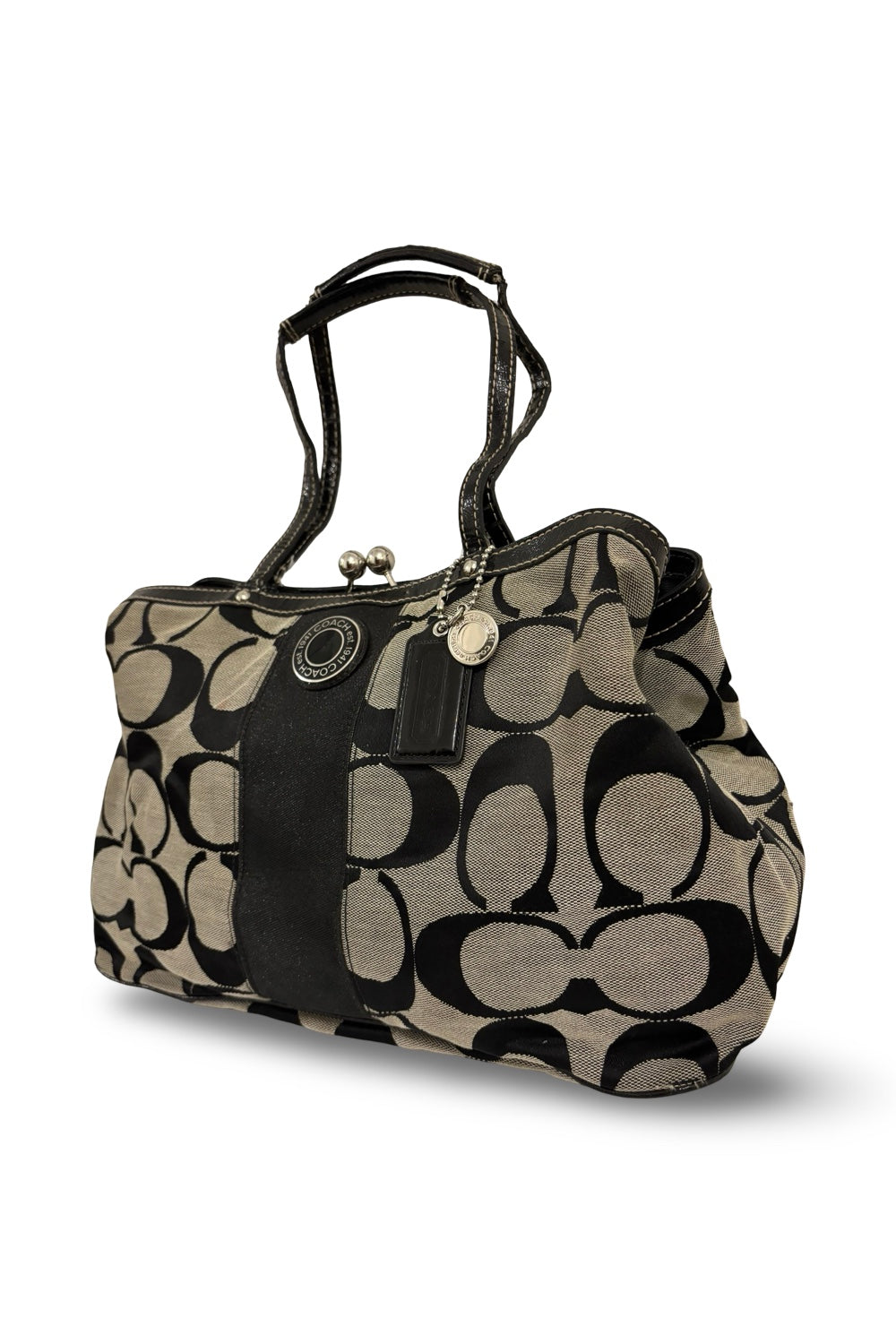 Coach Hampton Black & Grey Signature Canvas & Patent Leather Kiss lock Shoulder Bag