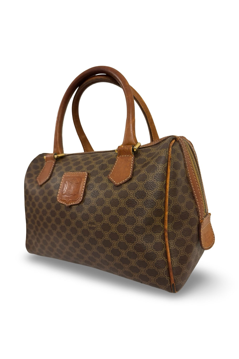 Celine Macadam Boston Bag Brown Coated Canvas  Leather Tan Vintage Handbag