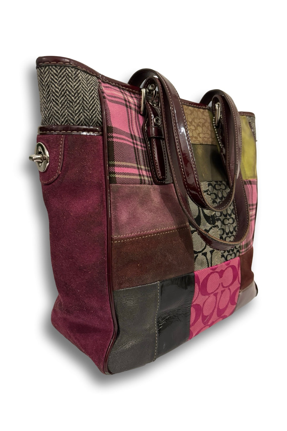 Coach Brown Pink Plaid Patchwork Multicoloured Canvas Suede Leather Vintage Bag