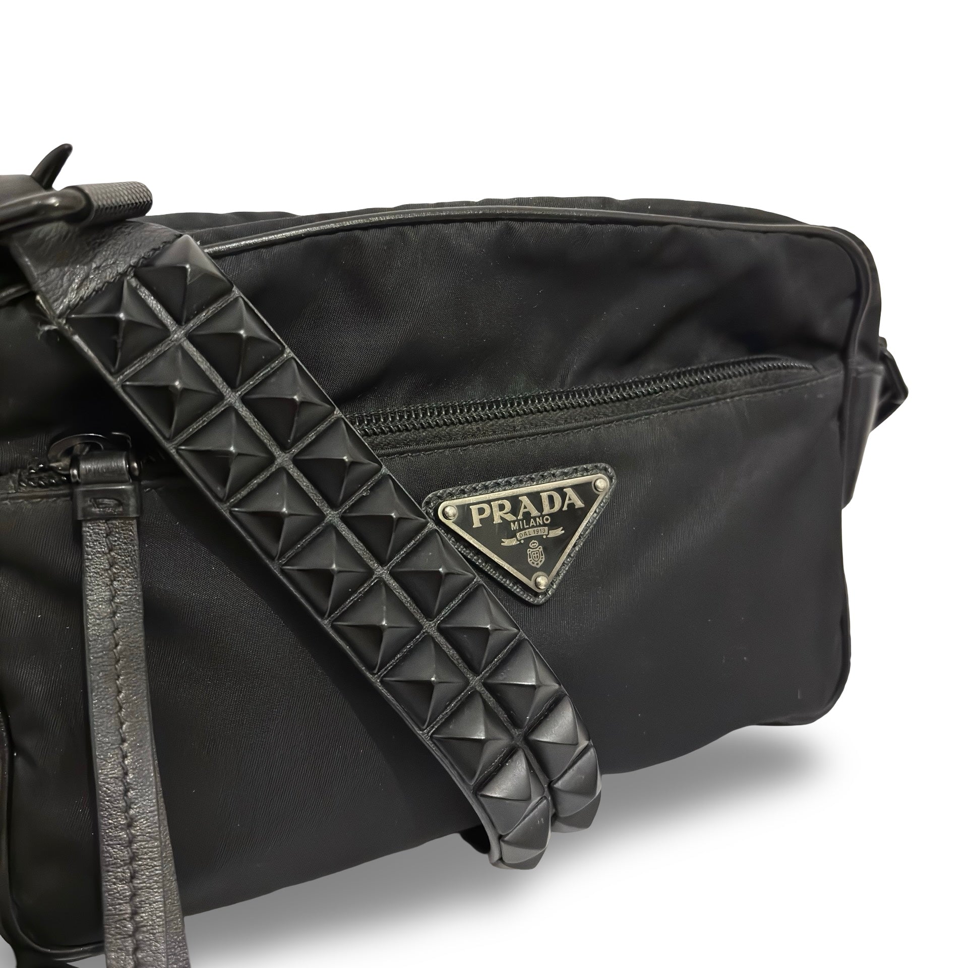 Prada Rare Black Nylon New Vela Rock Studded Vintage Leather Strap Crossbody / Shoulder Bag