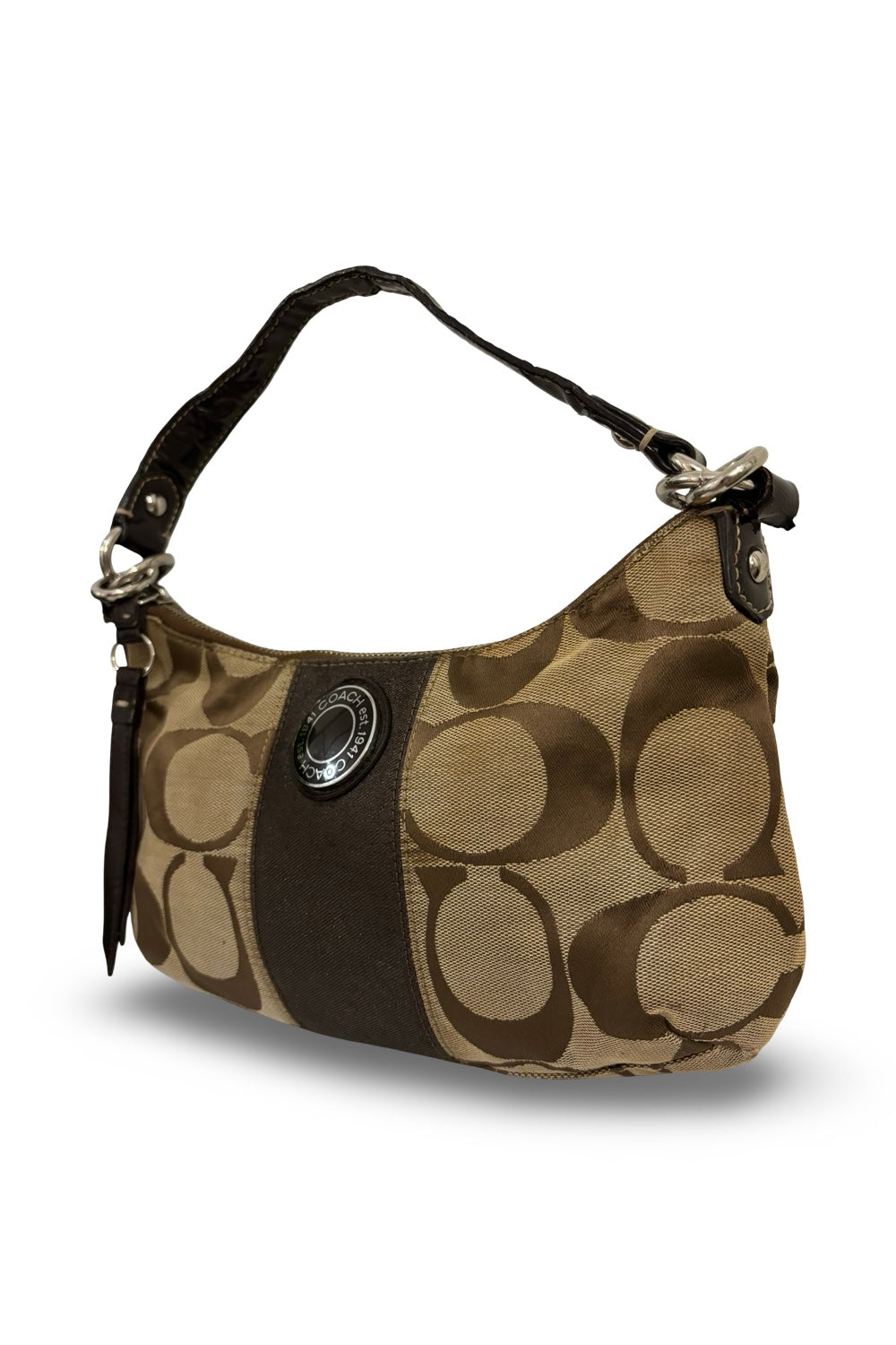 Coach Brown Demi Sufflette Vintage Signature Canvas Patent Leather Shoulder Bag