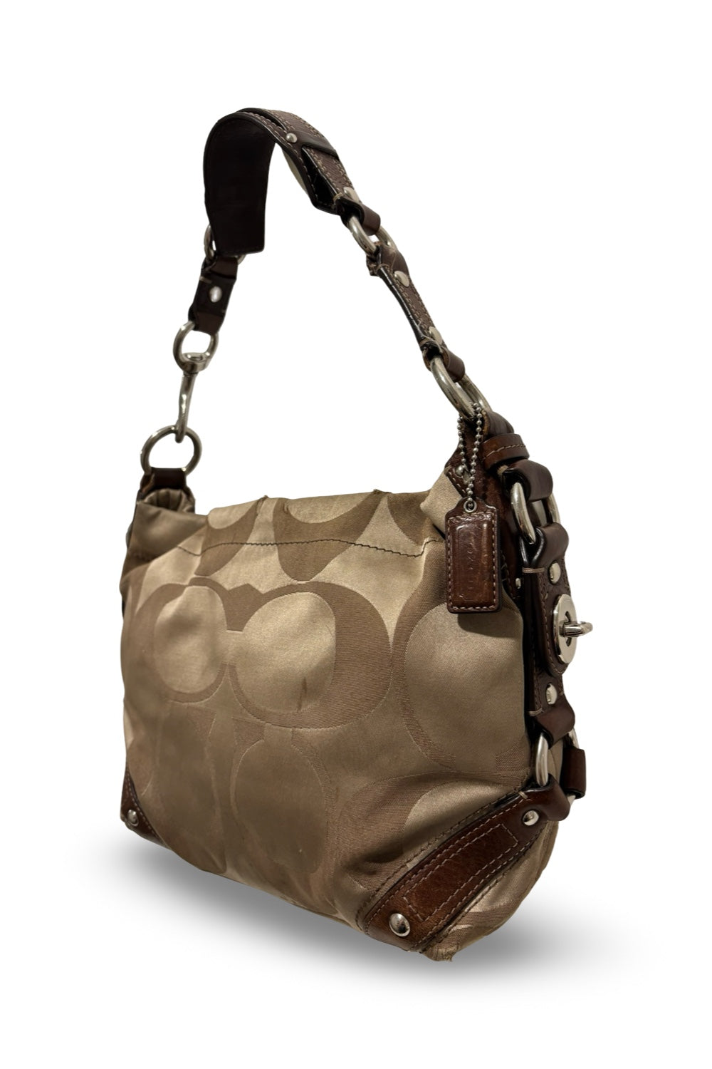 Coach Brown Signature Carly Satin & Leather Vintage Studded Shoulder Bag