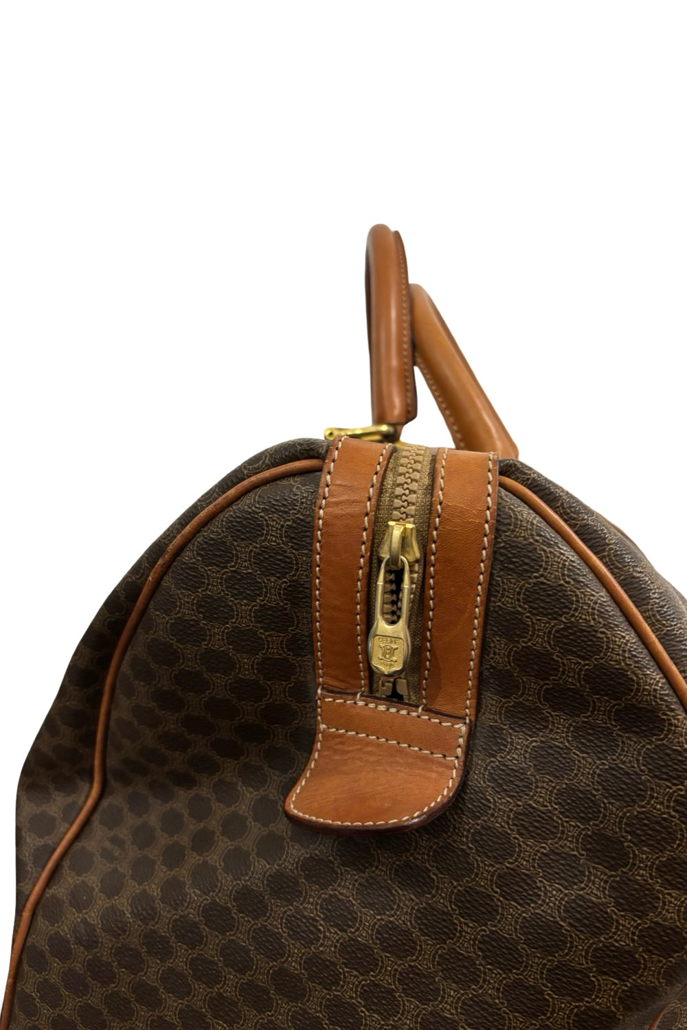 Celine Vintage Brown Macadam Signature Travel Weekender Duffle Boston Tote Bag