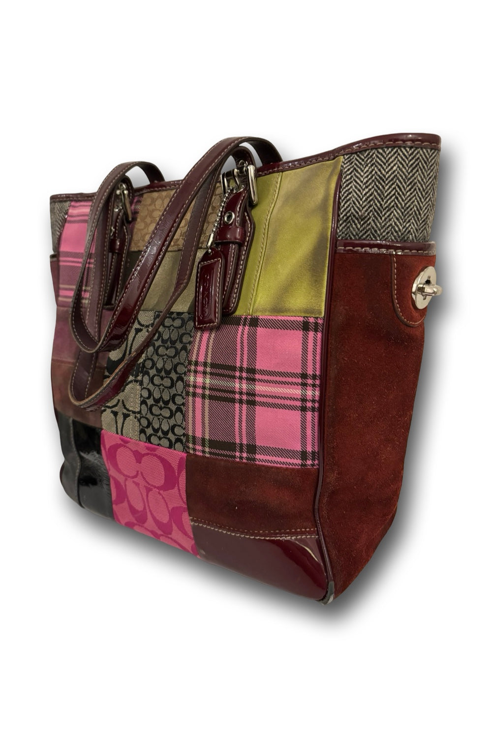 Coach Brown Pink Plaid Patchwork Multicoloured Canvas Suede Leather Vintage Bag