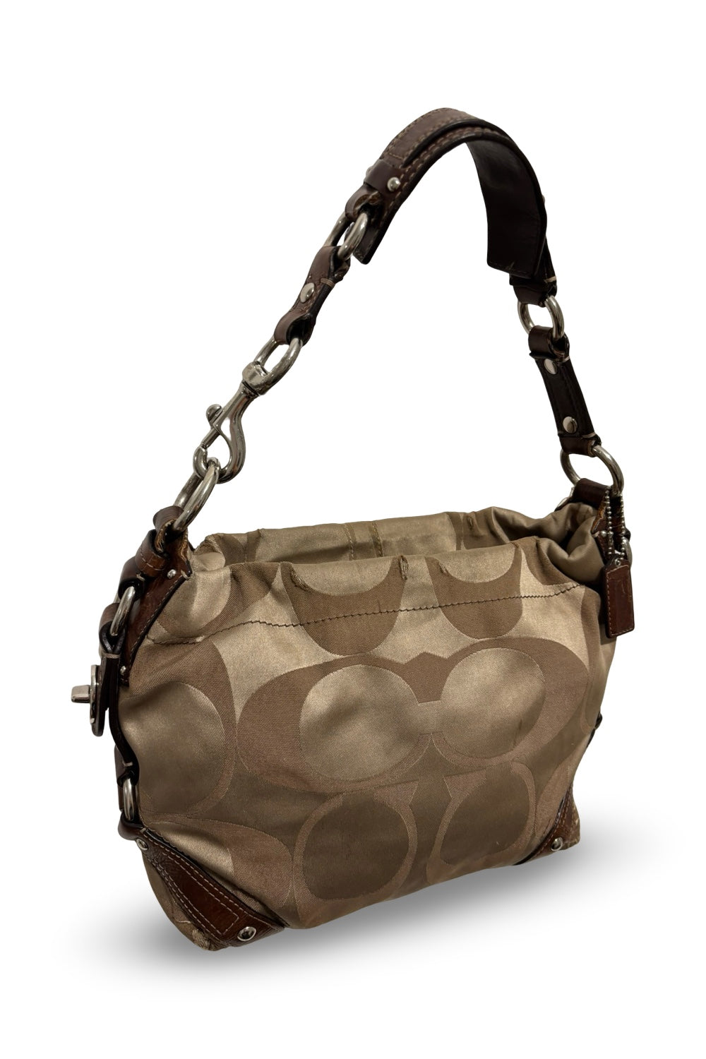 Coach Brown Signature Carly Satin & Leather Vintage Studded Shoulder Bag