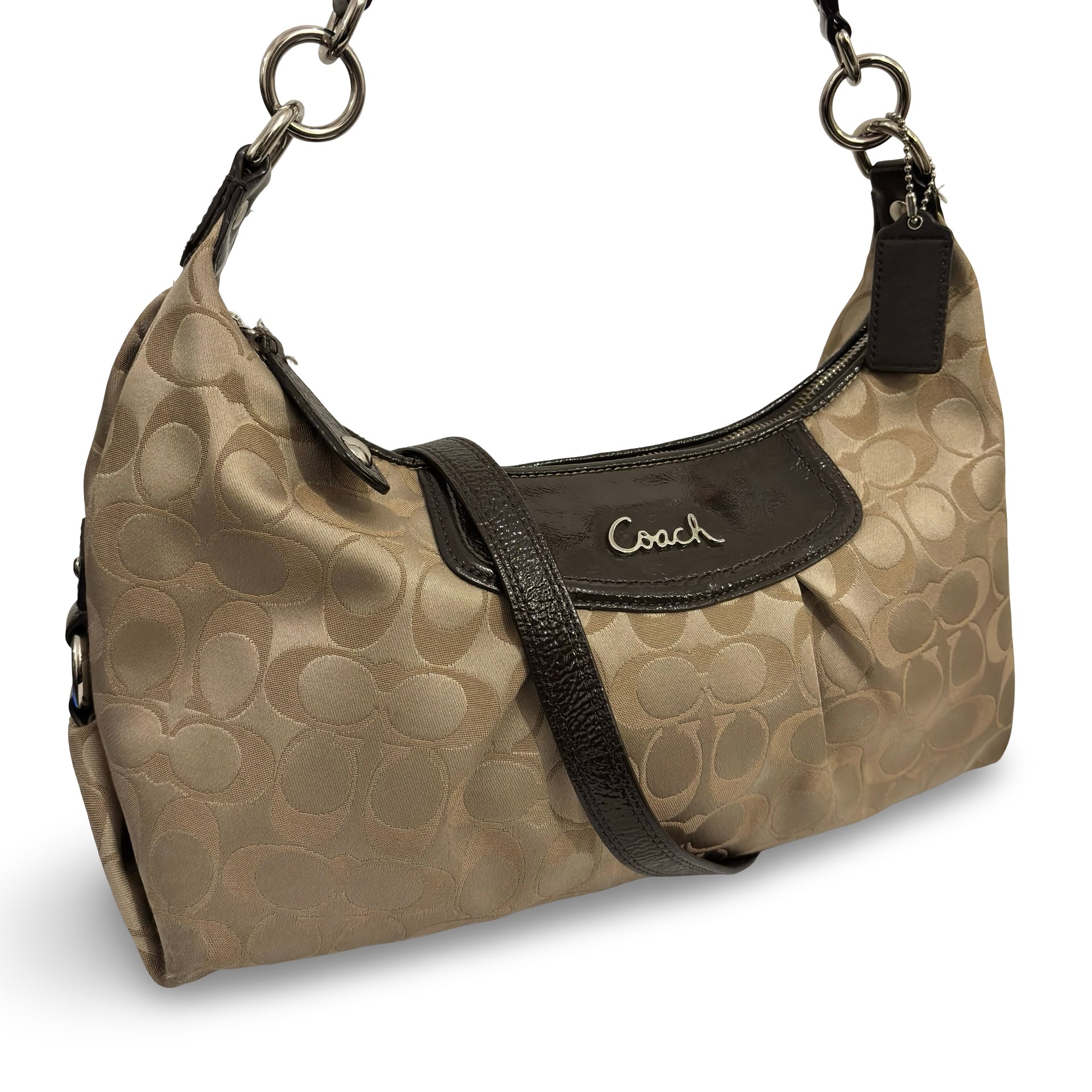 Coach 'Ashley' Signature Brown Khaki Satin Canvas & Patent Leather Hobo Vintage Shoulder Bag