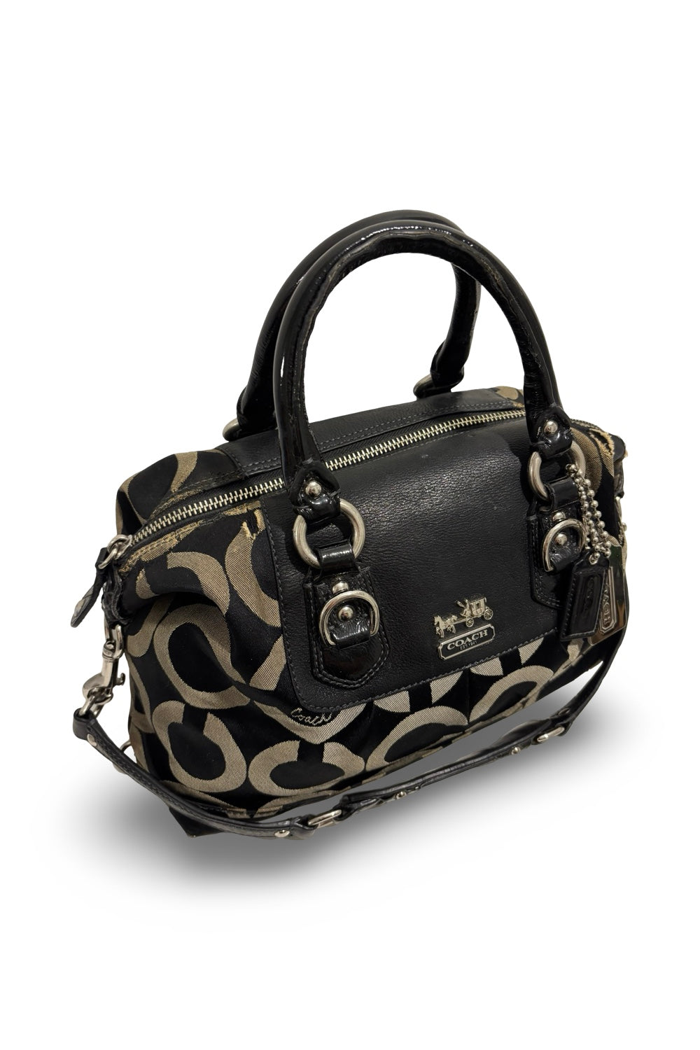 Coach Black & Grey Madison Signature Canvas & Leather Sabrina Satchel Handbag / Shoulder Bag