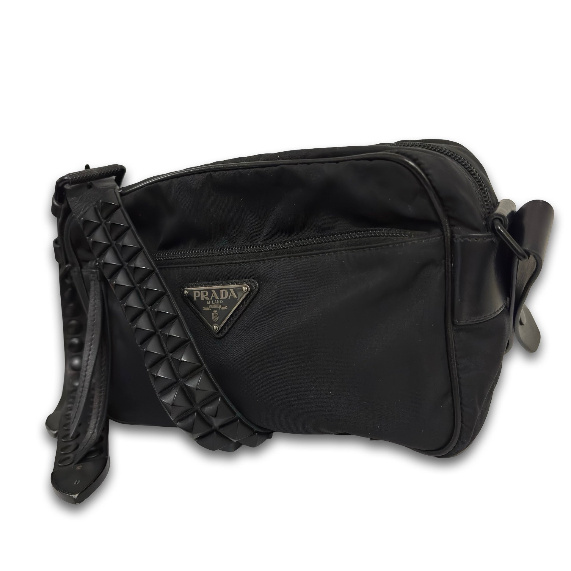 Prada Rare Black Nylon New Vela Rock Studded Vintage Leather Strap Crossbody / Shoulder Bag