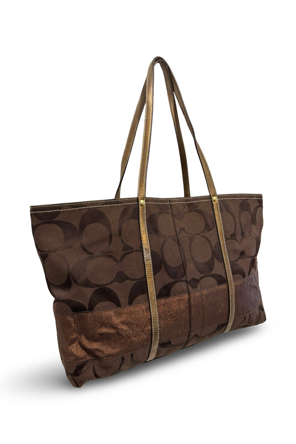 Coach Brown Signature Stripe Canvas & Leather  Metallic Tote Shoulder Bag