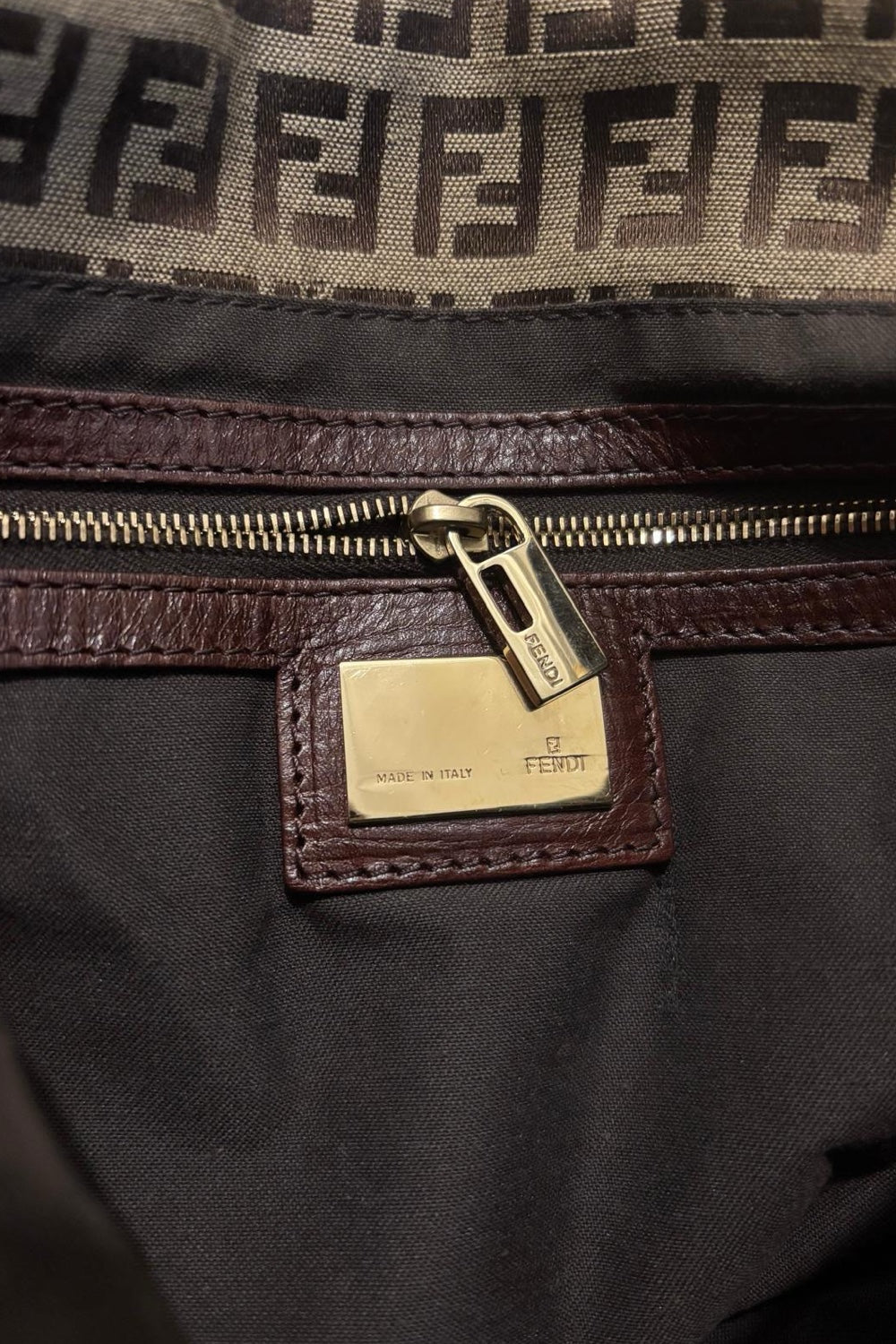 Fendi Zucchino Canvas Brown & Khaki Mamma Baguette Large Signature Shoulder Bag Vintage 2000's