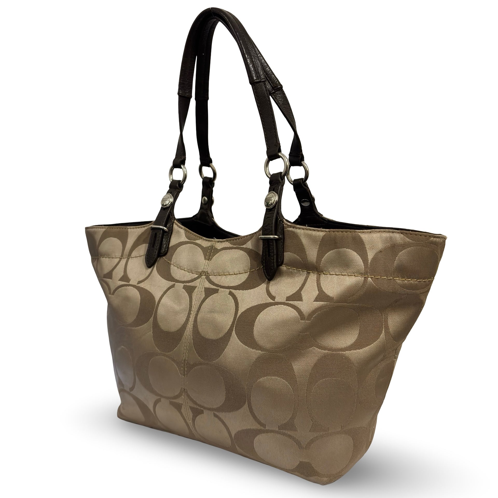 Coach Brown / Beige Signature Sateen Canvas & Leather Khaki Vintage Tote Shoulder Bag