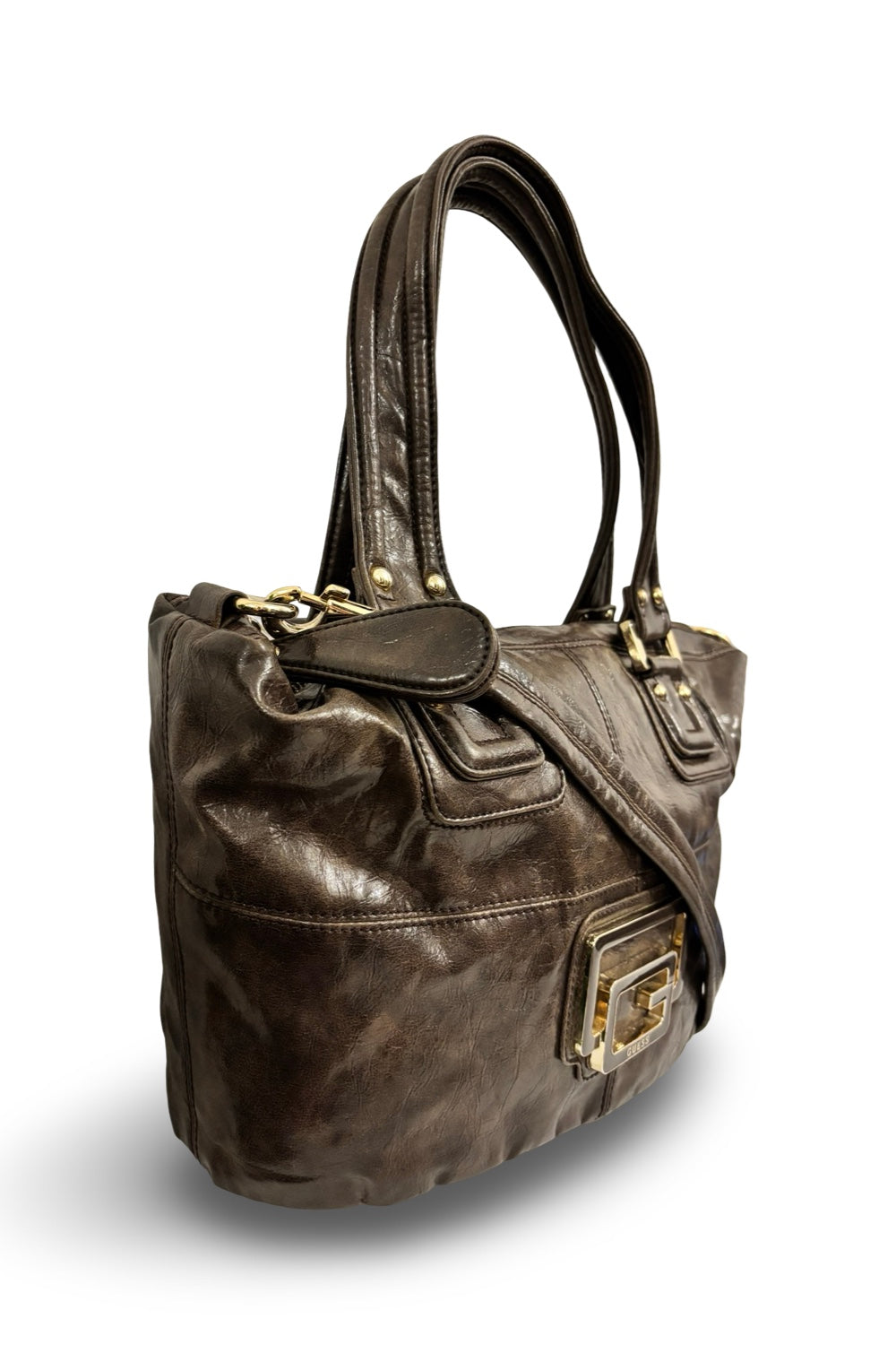 Guess Chocolate Brown Leather PVC XL Vintage Y2K Tote Shoulder Bag