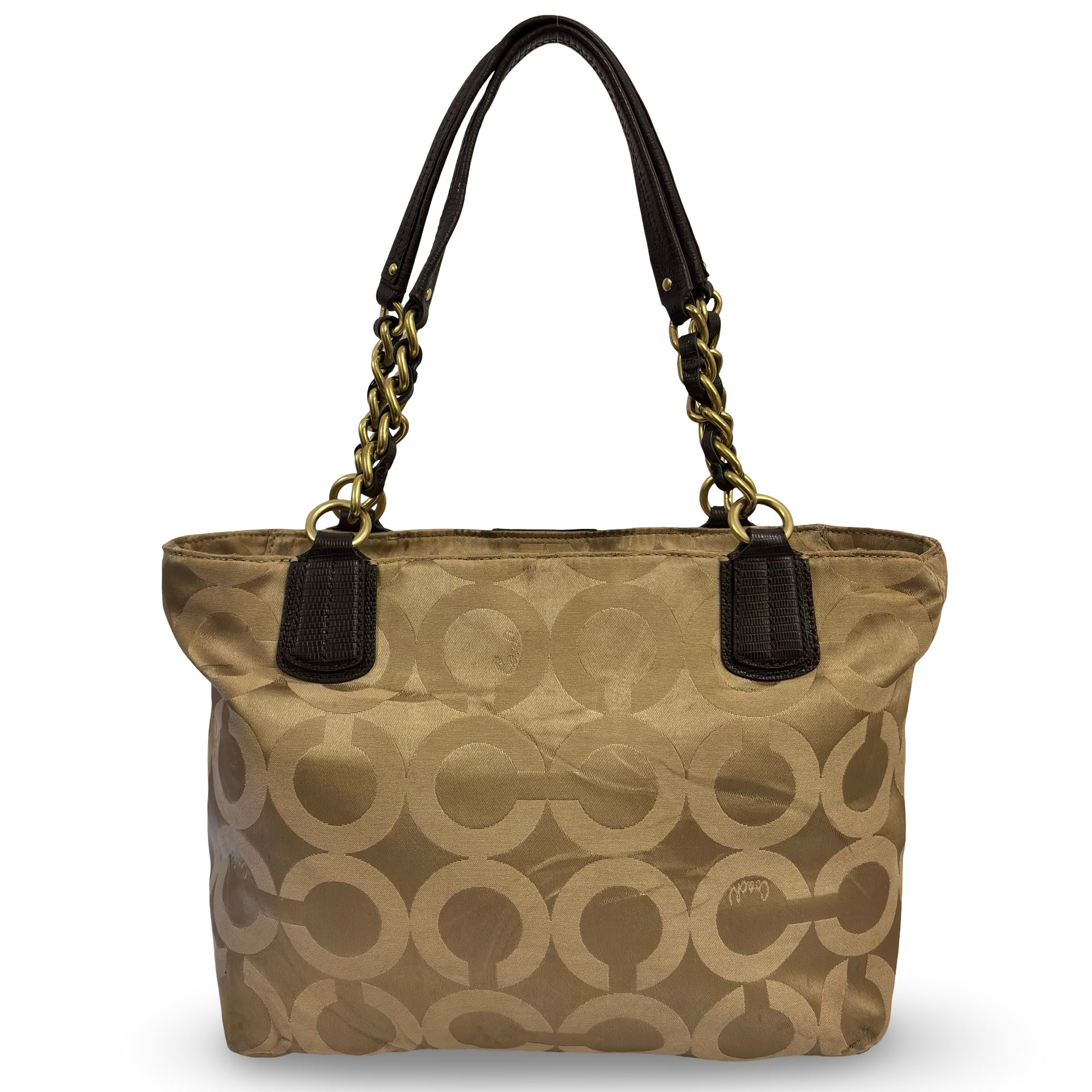 Coach Brown / Beige Madison OP Art Sateen Canvas & Leather Vintage Tote Shoulder Bag