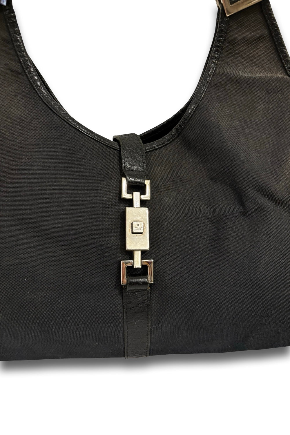 Gucci Jackie 1961 Black Canvas Vintage Bardot  Leather Trim Hobo Shoulder Bag