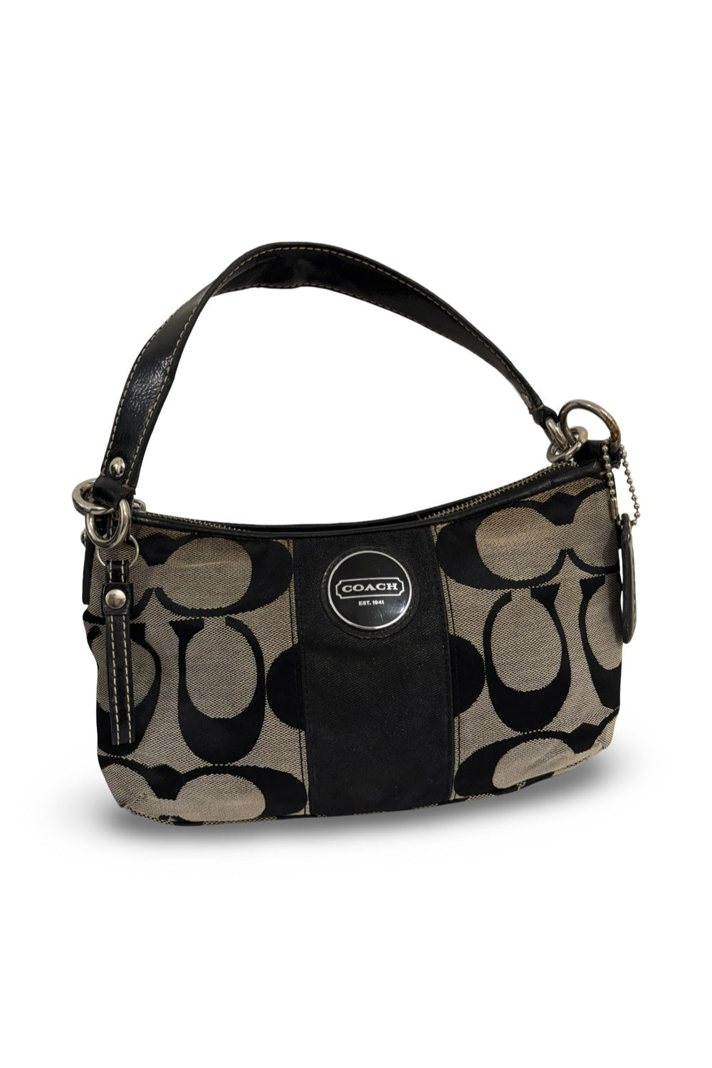 Coach Black & Grey Signature Stripe Sufflette Demi Baguette Vintage Shoulder Bag