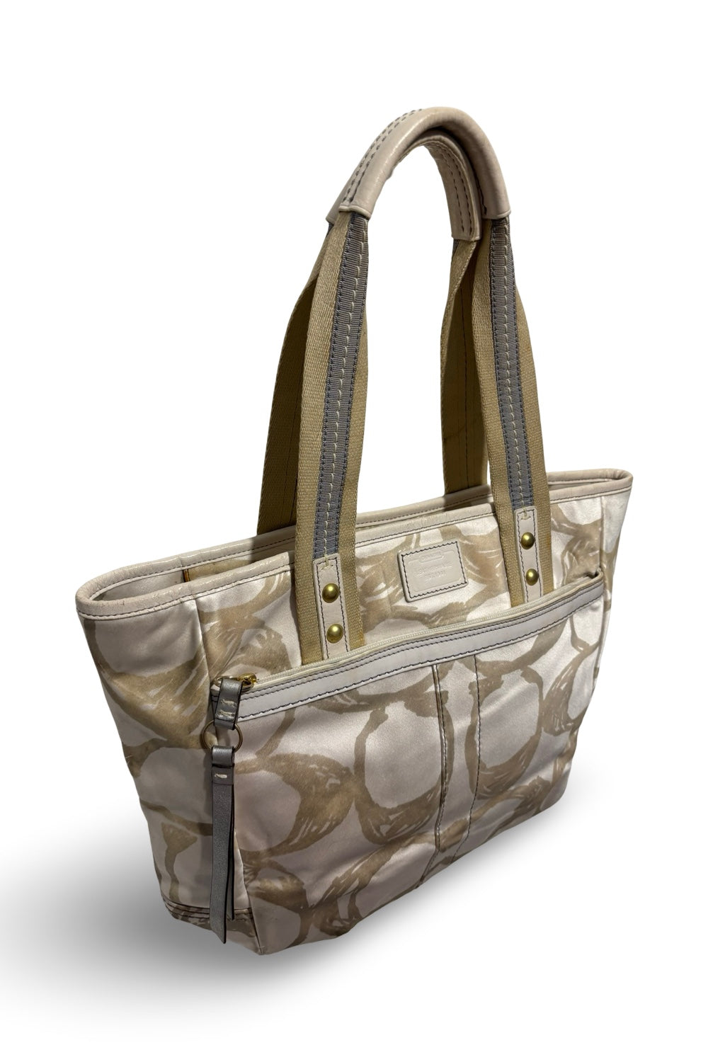 Coach Ivory / White & Beige Sateen & Leather  Signature Vintage Tote Shoulder Bag