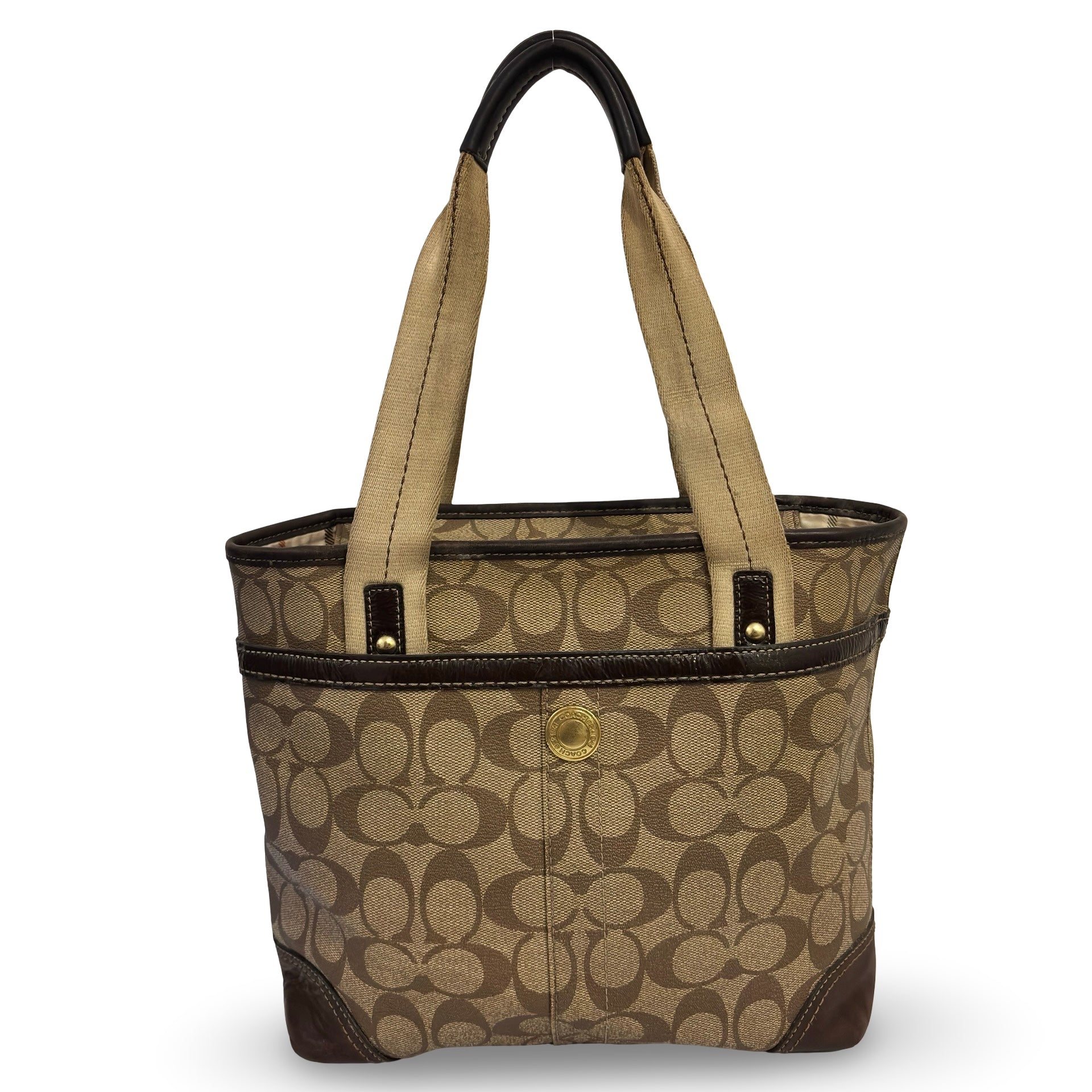 Coach Brown Heritage Signature Stripe Canvas & Leather Vintage Tote Shoulder Bag