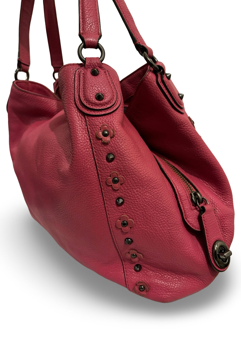 Share Coach Pink Fuscia Edie Floral Studded Flower Soft Leather Large Shoulder Bag