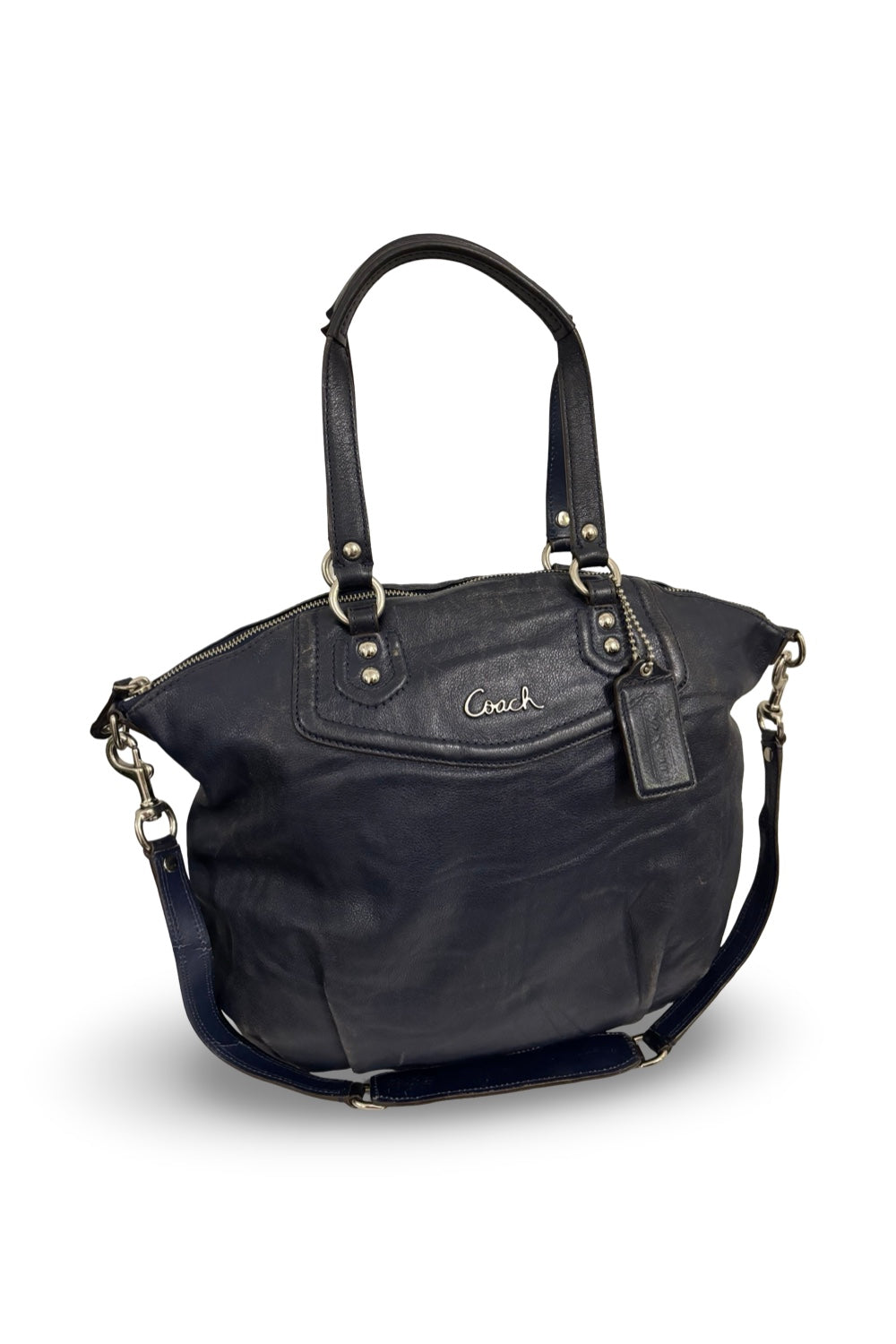 Coach Midnight Blue Navy Leather Ashley Pleated Vintage Large Tote Shoulder Bag