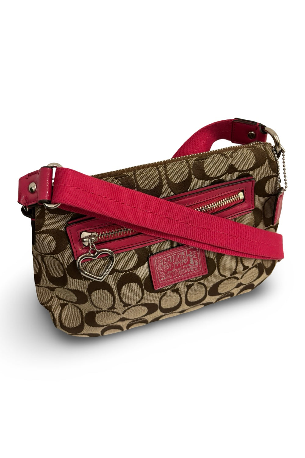 Coach Brown & Pink Signature Canvas Poppy Daisy Vintage Crossbody / Shoulder Bag