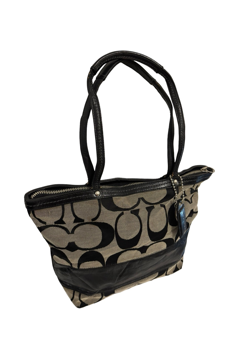 Coach Black & Grey Signature Canvas & Patent  Leather Vintage Tote Shoulder Bag