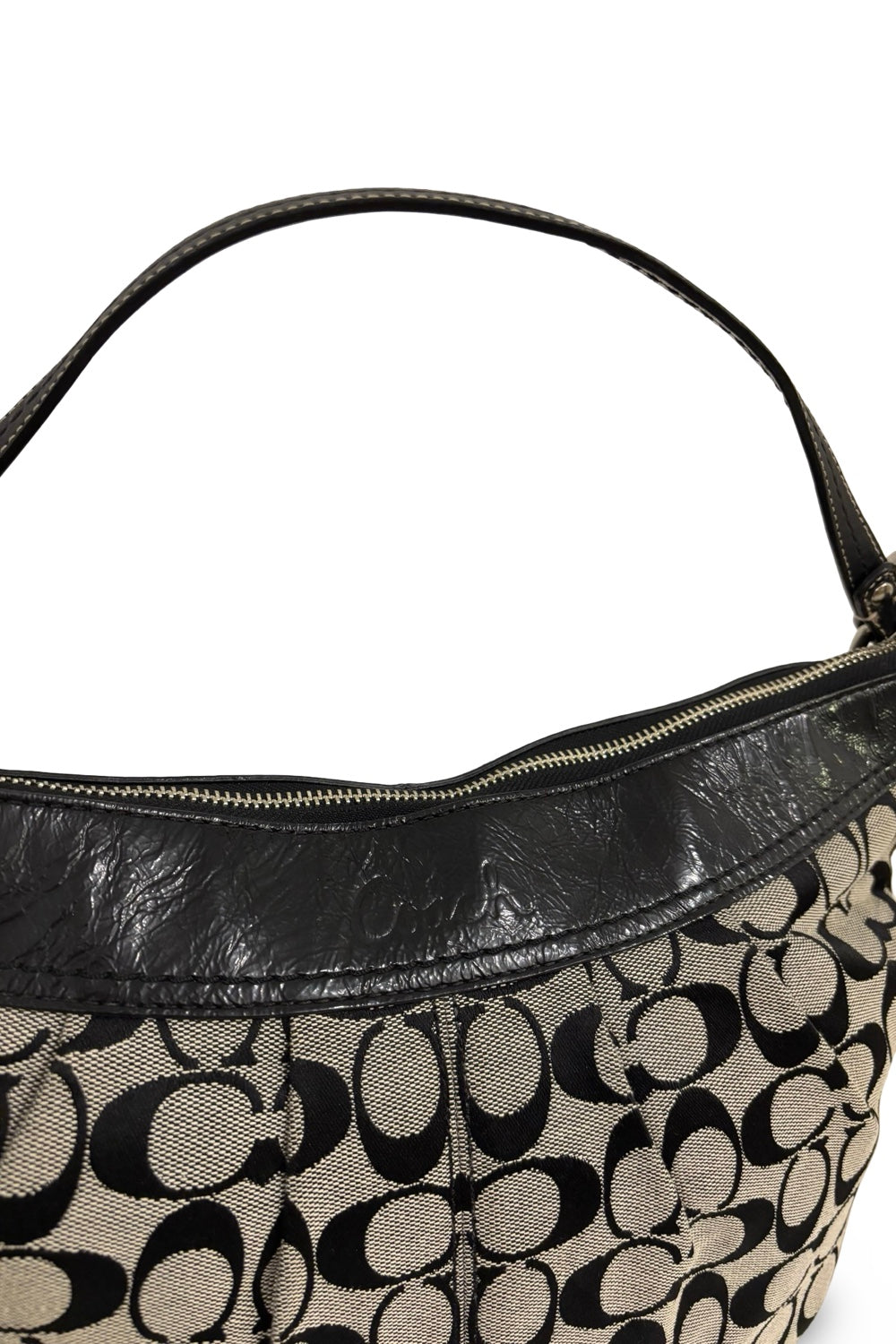Coach Vintage Black & Grey Signature Canvas & Patent Leather Hobo Shoulder Bag