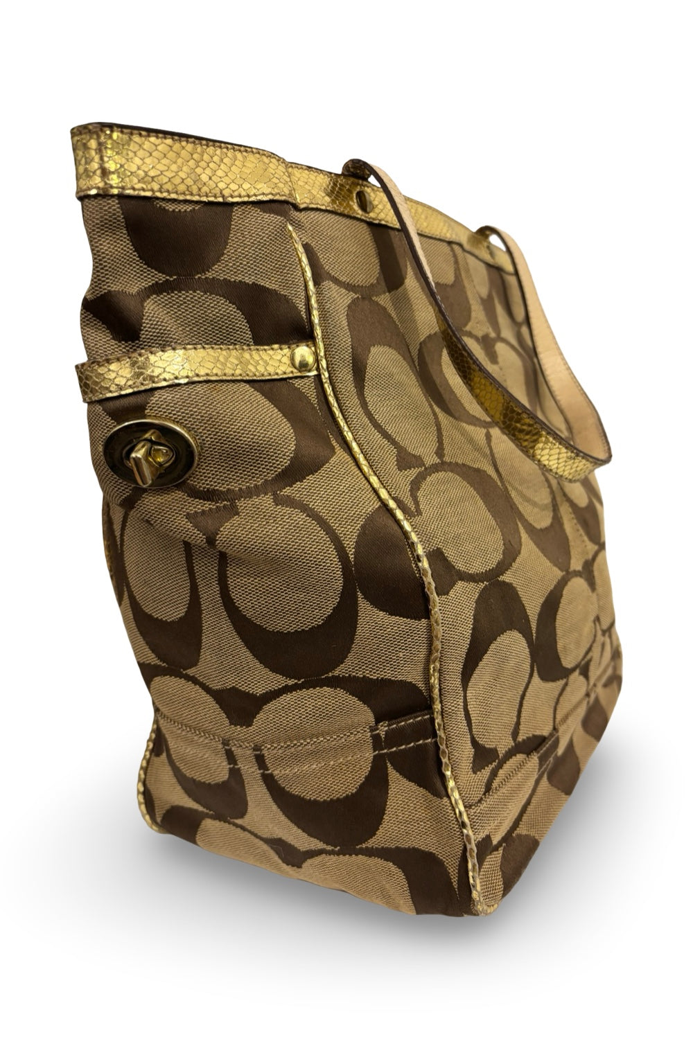 Coach Brown & Gold Signature Snake Embossed  Leather Tote Shoulder Bag