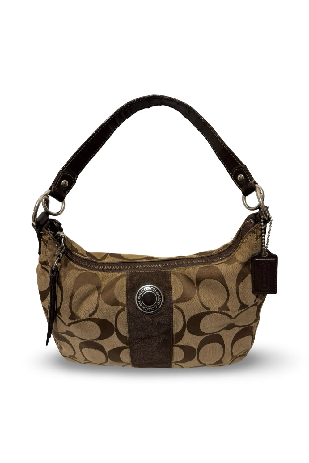 Coach Demi Signature Brown Khaki Canvas & Patent Leather Vintage Shoulder Bag