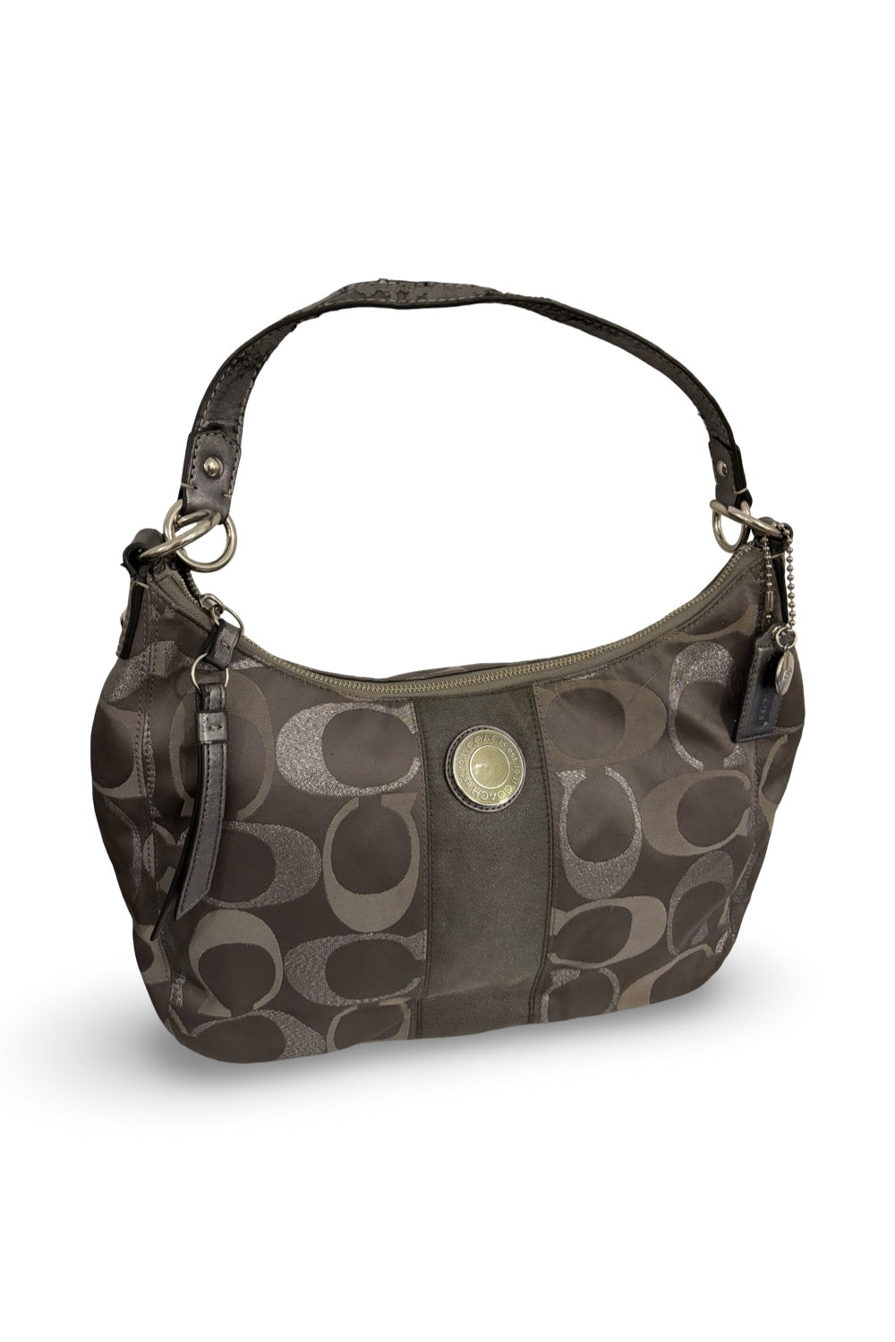 Coach Grey / Silver Sparkle Signature Canvas Satin & Metallic Leather Shoulder Bag