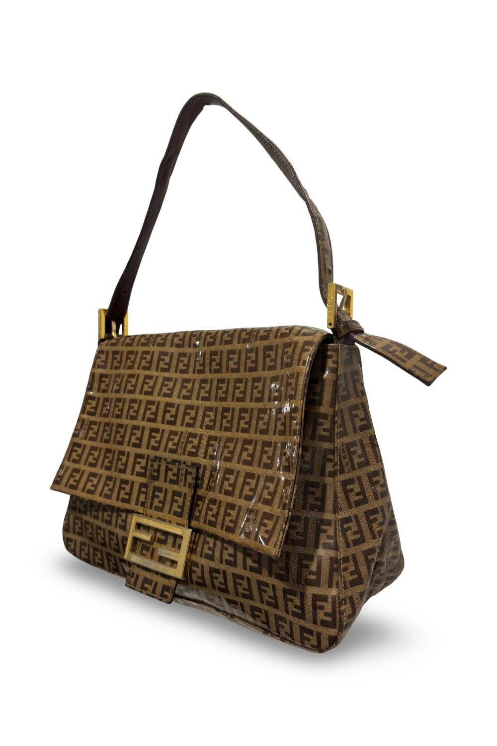 Fendi Brown Signature Mamma Bucket Zucchino Patent Vinyl Baguette Shoulder Bag