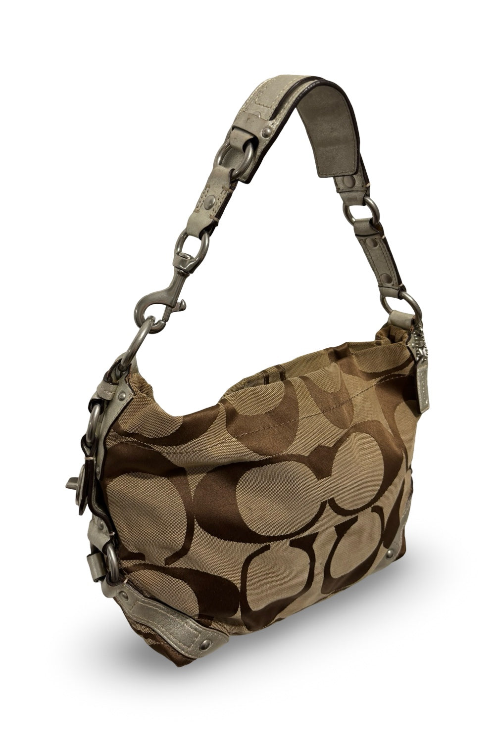 Coach Brown & Silver Metallic Canvas / Leather Carly Vintage Shoulder Bag