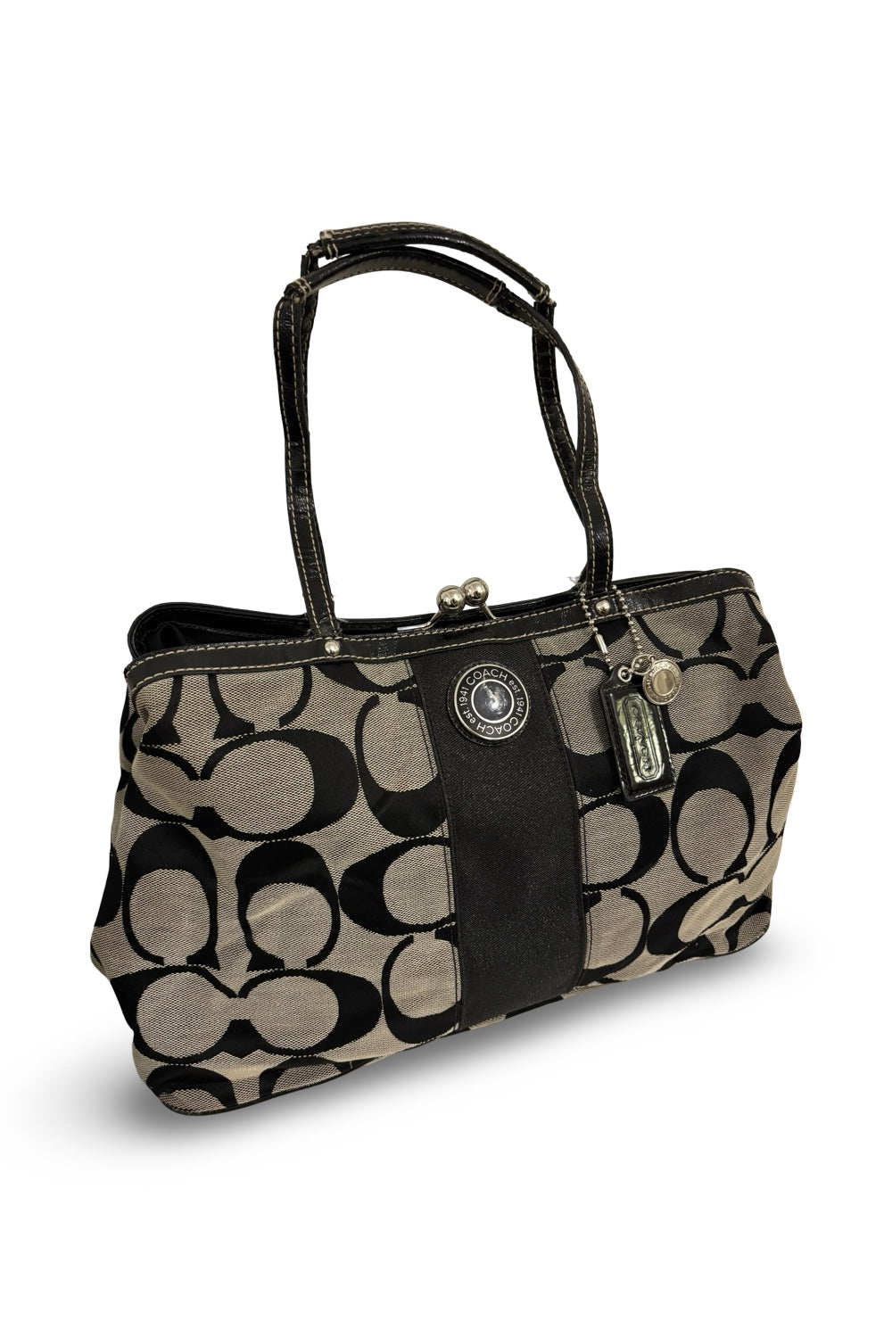 Coach Hampton Black & Grey Signature Canvas & Patent Leather Kiss lock Shoulder Bag