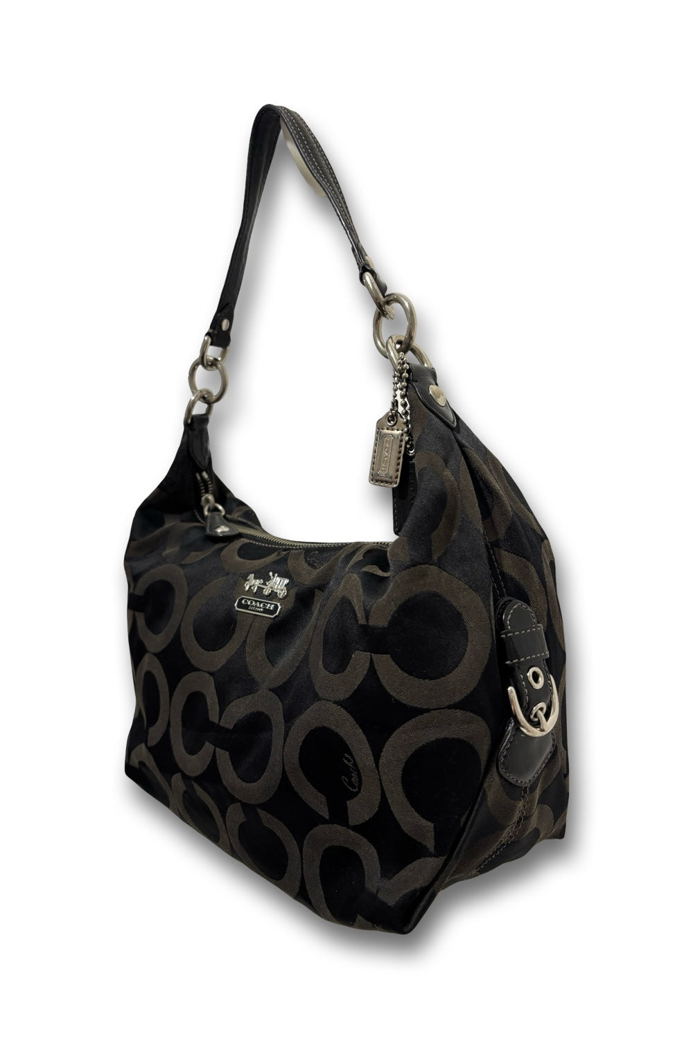 Coach Black Signature Madison OP Art Sateen & Leather Hailey Hobo Shoulder Bag