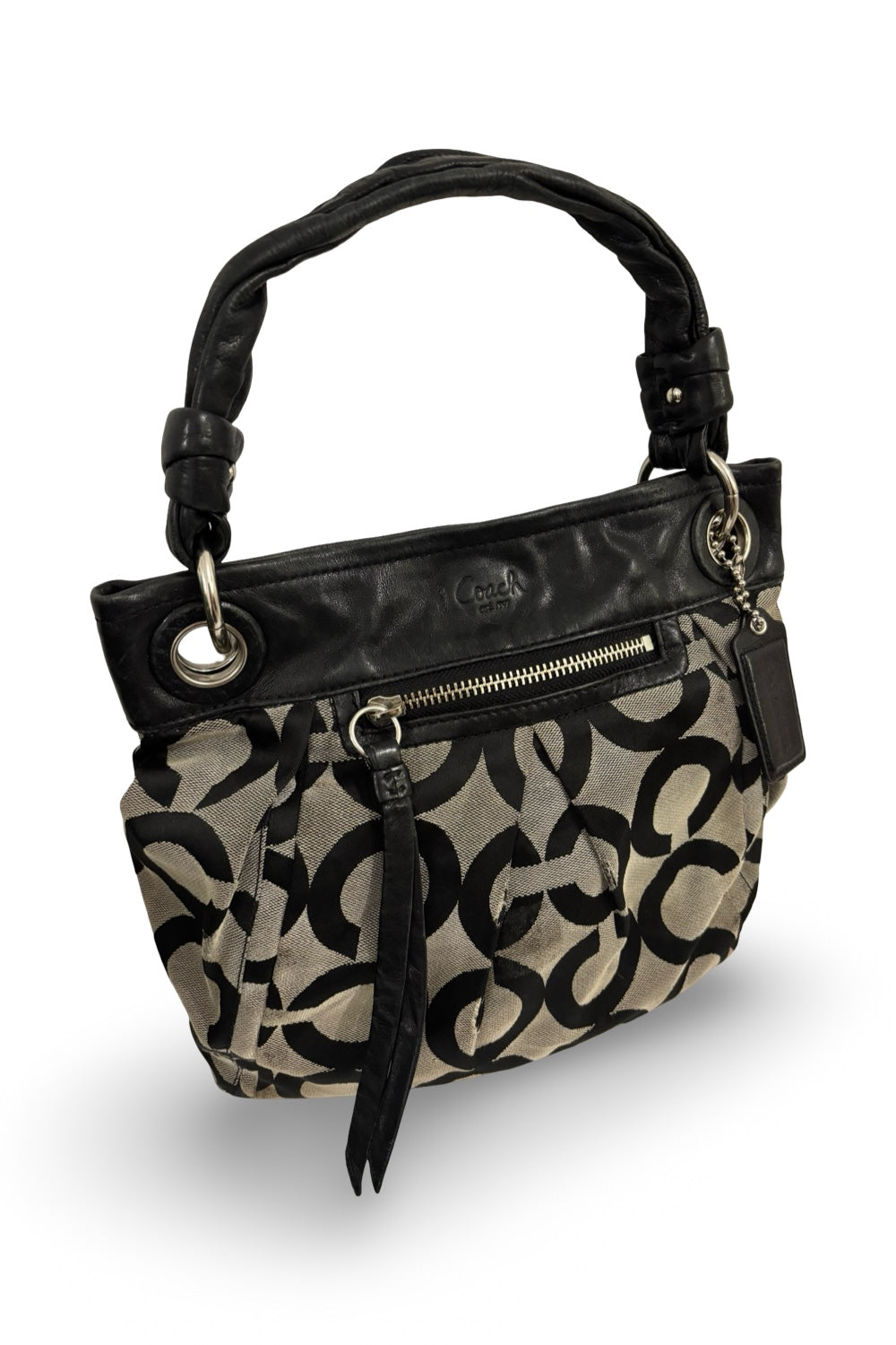 Coach Parker Black & Grey OP Art Signature Canvas & Leather Vintage Shoulder Bag