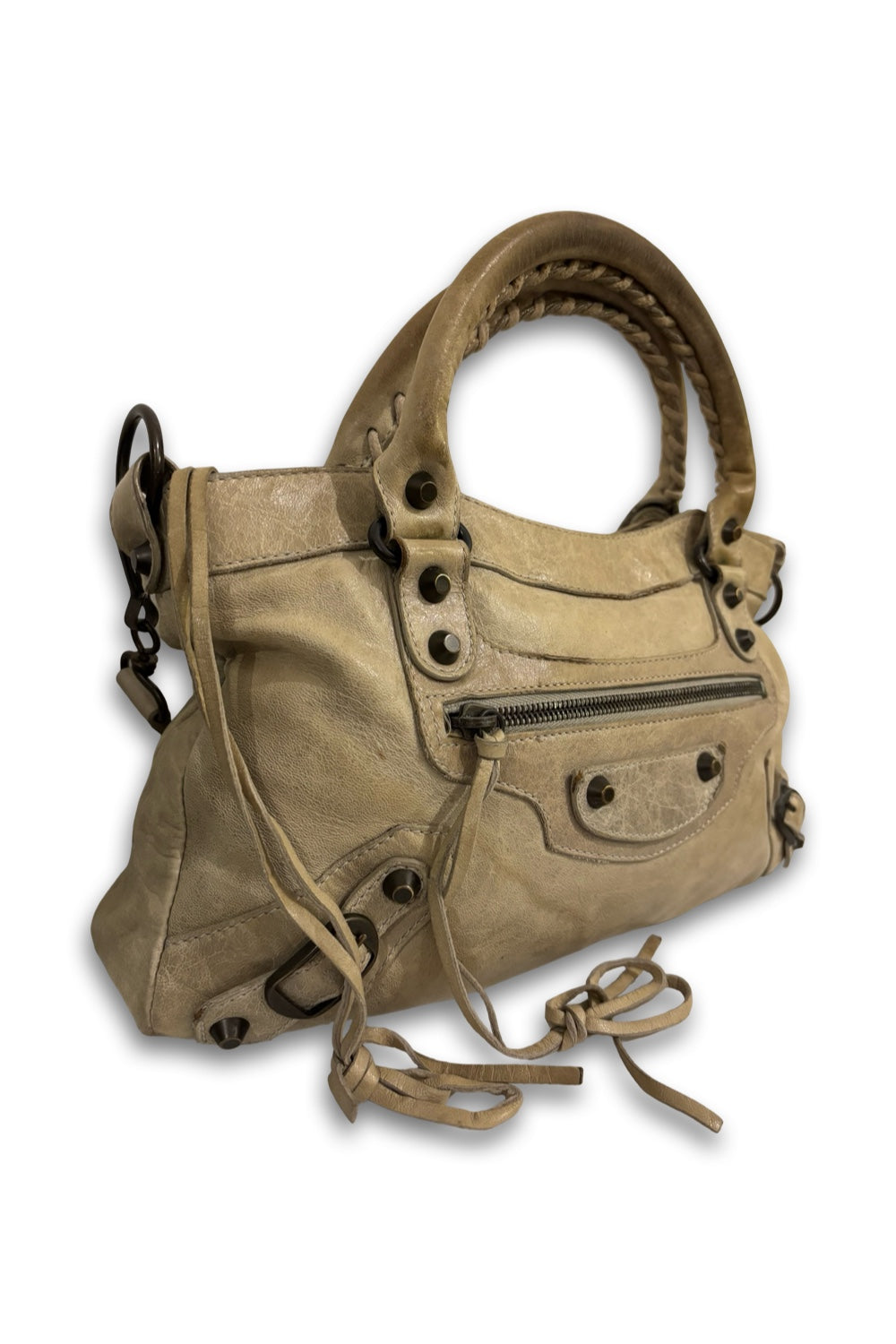 Balenciaga The First 2 Way Beige City Bag Distressed Lambskin Leather Shoulder Bag