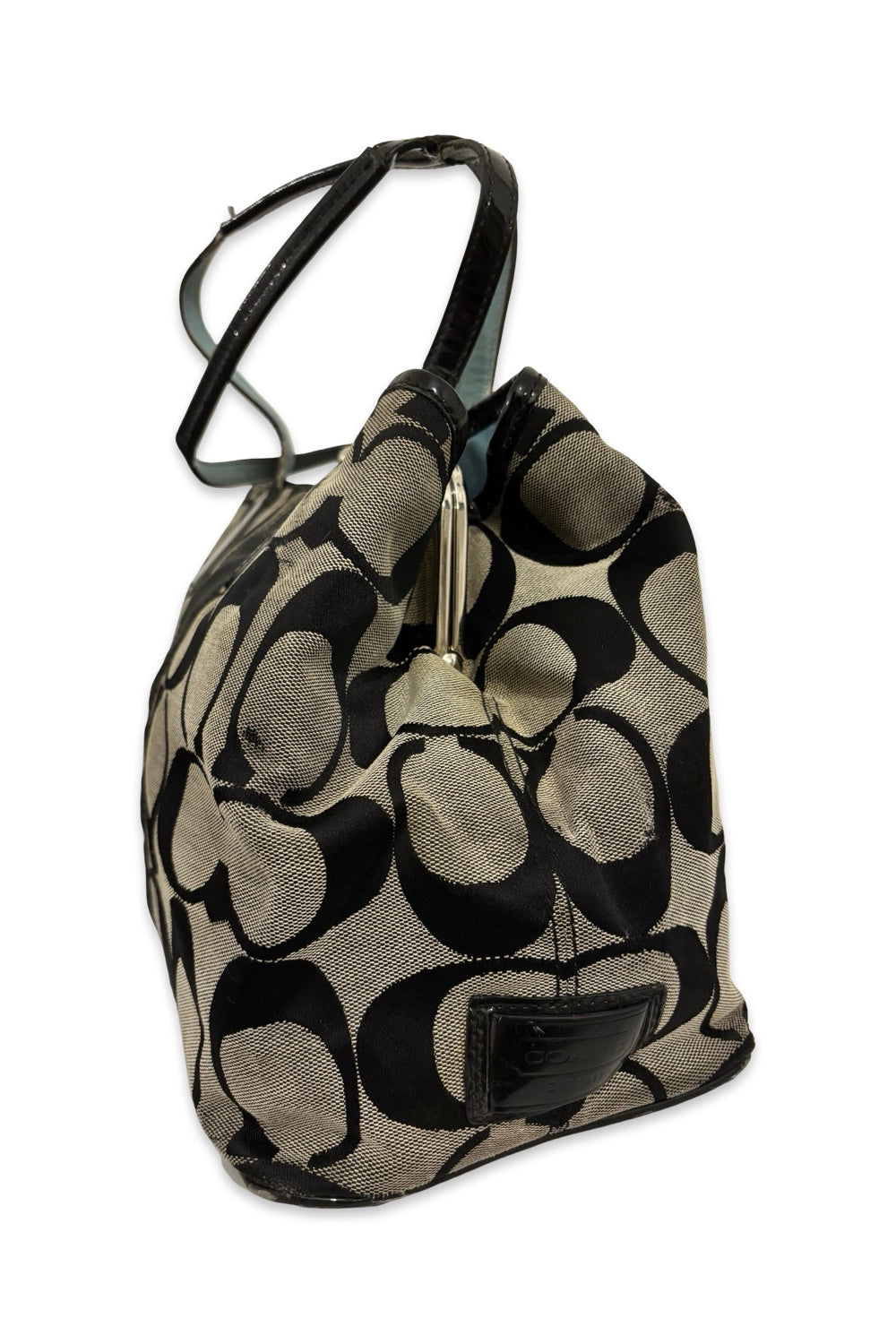 Coach Black & Grey Signature Kiss lock Canvas & Patent Leather Shoulder Bag
