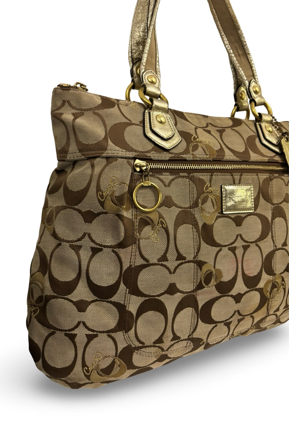 Coach Poppy Brown & Gold Hearts Signature Canvas & Leather Vintage Shoulder Bag